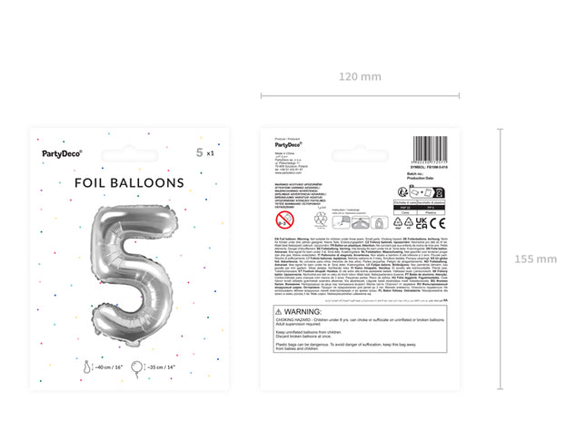 Folinis balionas "5", 35 cm, sidabrinis