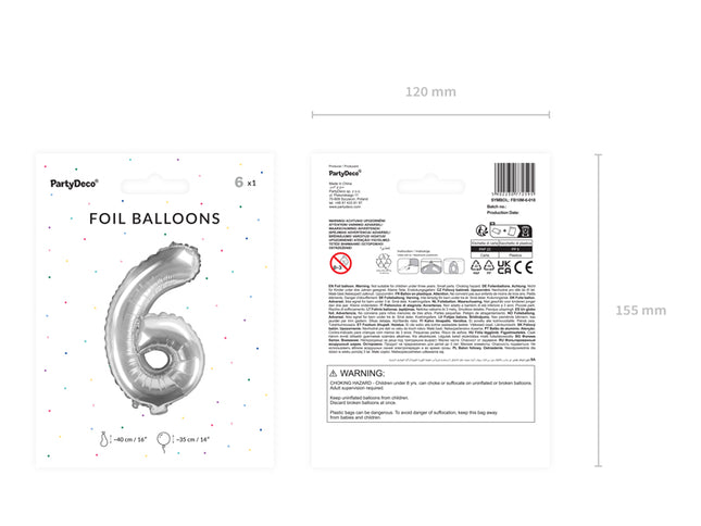 Folinis balionas "6", 35 cm, sidabrinis