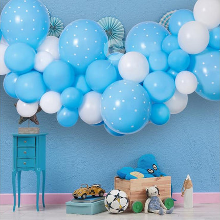 Balionų girlianda dekoracijai „Baby Blue“, 200×70 cm (65 balionai + juosta)