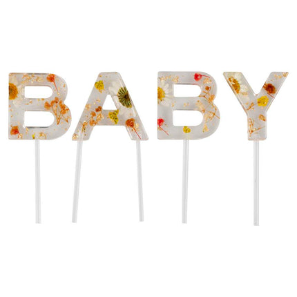 Torto viršūnėlė užrašu "Baby", permatoma su gėlytėmis