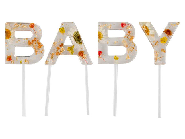 Torto viršūnėlė užrašu "Baby", permatoma su gėlytėmis