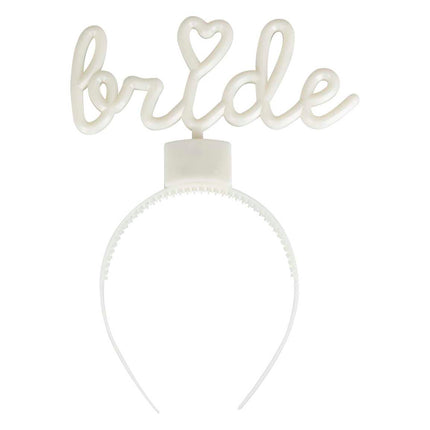 Šviečiantis lankelis ant galvos su užrašu "Bride" (nuotaka)