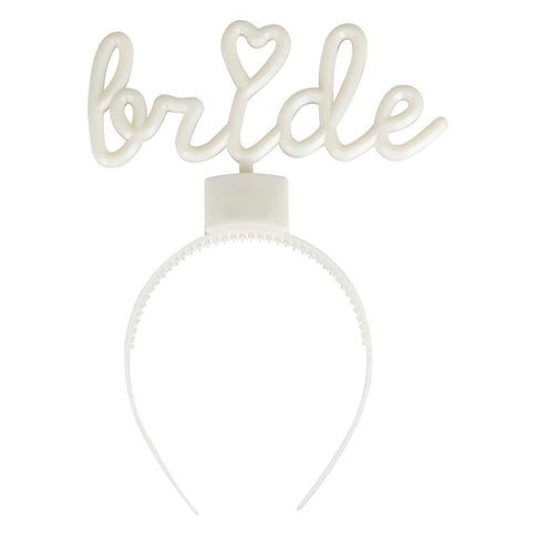 Šviečiantis lankelis ant galvos su užrašu "Bride" (nuotaka)
