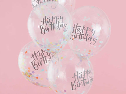 Spalvingi balionai „Happy Birthday“ praskaidrins ir pralinksmins jūsų šventę. Šiuos pastelinius balionus pripūskite heliu arba oro. Pakratykite balioną, kad pabustų konfeti! Pakuotėje yra 5 pripučiami 12 colių (30 cm) skersmens konfeti balionai.