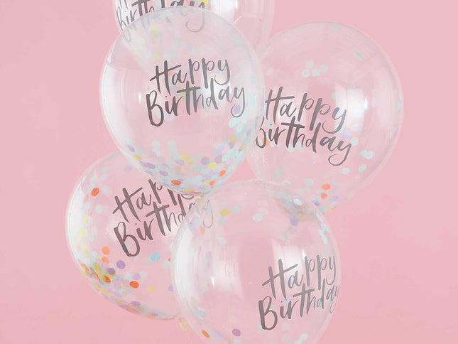 Spalvingi balionai „Happy Birthday“ praskaidrins ir pralinksmins jūsų šventę. Šiuos pastelinius balionus pripūskite heliu arba oro. Pakratykite balioną, kad pabustų konfeti! Pakuotėje yra 5 pripučiami 12 colių (30 cm) skersmens konfeti balionai.