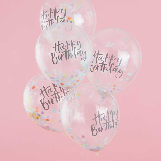 Spalvingi balionai „Happy Birthday“ praskaidrins ir pralinksmins jūsų šventę. Šiuos pastelinius balionus pripūskite heliu arba oro. Pakratykite balioną, kad pabustų konfeti! Pakuotėje yra 5 pripučiami 12 colių (30 cm) skersmens konfeti balionai.