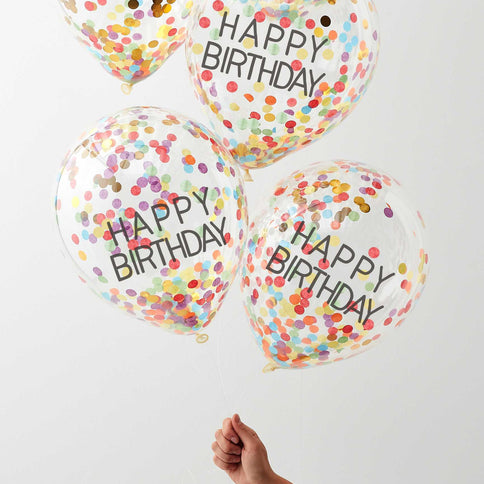 Nušvieskite gimtadienį šiais vaivorykštiniais konfeti balionais ir sukurkite nuostabiai spalvingą vakarėlį! Skaidrūs balionai su užrašu "Happy Birthday" pripildyti spalvotų konfeti gabalėlių! Kad konfeti geriausiai priliptų prie balionų šonų, rekomenduojame vaivorykštinius balionus pripūsti helio ir oro mišiniu! Kiekvienoje pakuotėje yra 5x 12 colių (30 cm) balionai.
