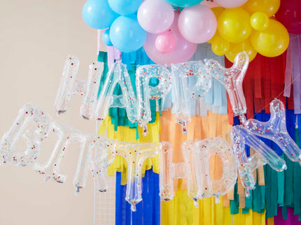 Papildykite gimtadienio vakarėlį šiuo spalvingu vaivorykštiniu konfeti pripildytu raidžių balionų užrašu „Happy Birthday“ - jam pripūsti net nereikia helio! Mūsų gimtadienio balionus lengva pripūsti naudojant pridedamą šiaudelį. Kodėl gi nesuderinus šios šventės juostos su kitomis mūsų gimtadienio dekoracijomis ir nesukūrus puikios šventinės patirties.