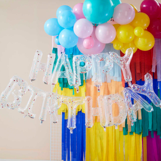 Papildykite gimtadienio vakarėlį šiuo spalvingu vaivorykštiniu konfeti pripildytu raidžių balionų užrašu „Happy Birthday“ - jam pripūsti net nereikia helio! Mūsų gimtadienio balionus lengva pripūsti naudojant pridedamą šiaudelį. Kodėl gi nesuderinus šios šventės juostos su kitomis mūsų gimtadienio dekoracijomis ir nesukūrus puikios šventinės patirties.
