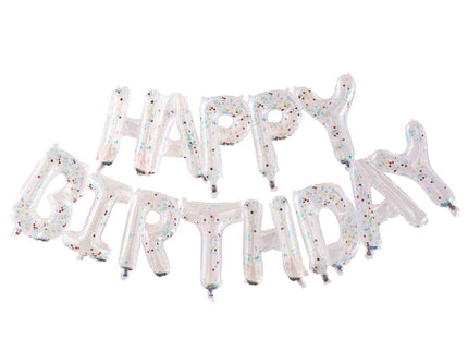 Permatomas konfeti balionų užrašas "Happy Birthday"