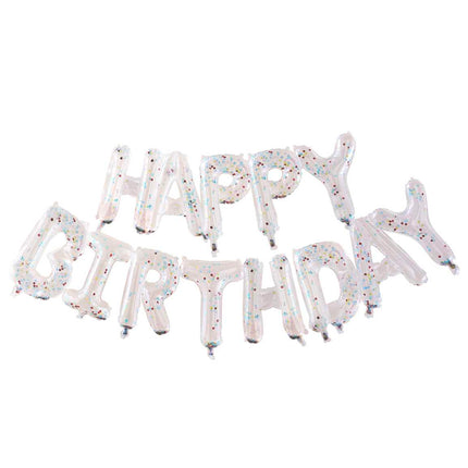 Permatomas konfeti balionų užrašas "Happy Birthday"