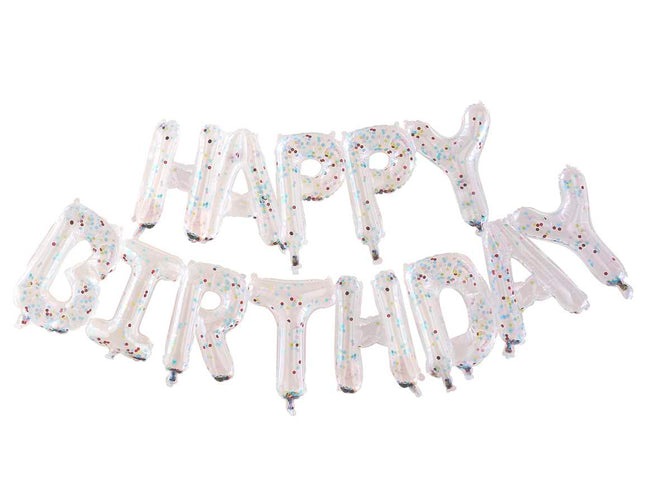 Permatomas konfeti balionų užrašas "Happy Birthday"