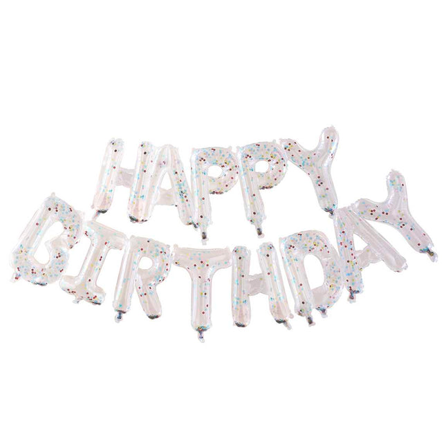 Permatomas konfeti balionų užrašas "Happy Birthday"