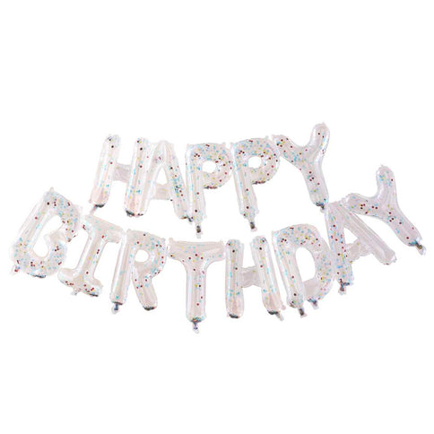 Permatomas konfeti balionų užrašas "Happy Birthday"