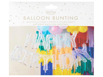 Permatomas konfeti balionų užrašas "Happy Birthday"