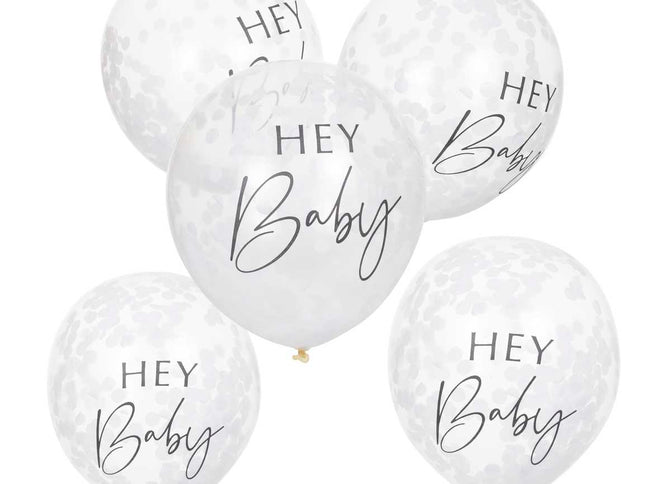 Permatomi konfeti balionai užrašu "Hey Baby"