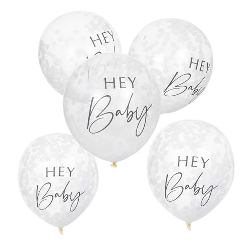 Permatomi konfeti balionai užrašu "Hey Baby"