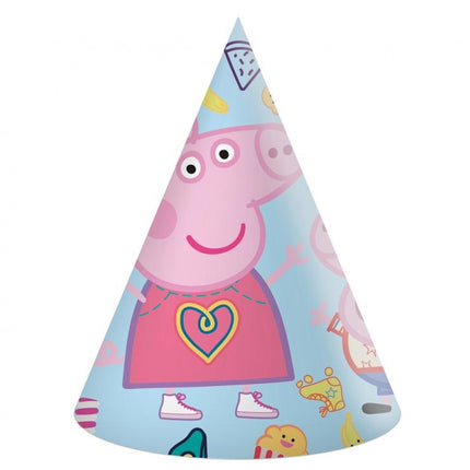 Žaismingos gimtadienio kepurėlės su "Peppa Pig" atvaizdu – tai puikus pasirinkimas vaikų šventėms. Rožinės spalvos, ryškaus dizaino, šios kepurėlės ne tik suteiks linksmybių atmosferai dar daugiau spalvų, bet ir pradžiugins mažuosius šventės dalyvius jų mėgstamu personažu.

Kepurėlės pagamintos iš popieriaus, turi universalaus dydžio guminę juostelę, todėl patogiai laikosi ant galvos. Komplekte yra 6 vienetai – idealiai tinka tiek mažesniam šeimos gimtadieniui, tiek didesnei teminei šventei su draugais.