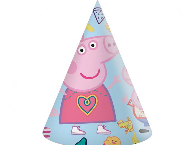 Žaismingos gimtadienio kepurėlės su "Peppa Pig" atvaizdu – tai puikus pasirinkimas vaikų šventėms. Rožinės spalvos, ryškaus dizaino, šios kepurėlės ne tik suteiks linksmybių atmosferai dar daugiau spalvų, bet ir pradžiugins mažuosius šventės dalyvius jų mėgstamu personažu.

Kepurėlės pagamintos iš popieriaus, turi universalaus dydžio guminę juostelę, todėl patogiai laikosi ant galvos. Komplekte yra 6 vienetai – idealiai tinka tiek mažesniam šeimos gimtadieniui, tiek didesnei teminei šventei su draugais.