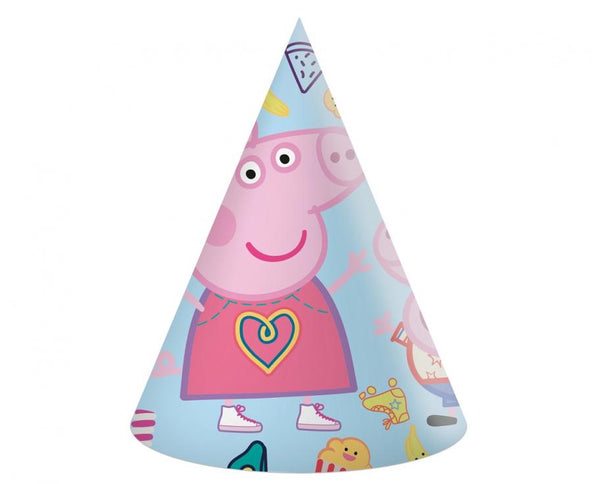 Žaismingos gimtadienio kepurėlės su "Peppa Pig" atvaizdu – tai puikus pasirinkimas vaikų šventėms. Rožinės spalvos, ryškaus dizaino, šios kepurėlės ne tik suteiks linksmybių atmosferai dar daugiau spalvų, bet ir pradžiugins mažuosius šventės dalyvius jų mėgstamu personažu.

Kepurėlės pagamintos iš popieriaus, turi universalaus dydžio guminę juostelę, todėl patogiai laikosi ant galvos. Komplekte yra 6 vienetai – idealiai tinka tiek mažesniam šeimos gimtadieniui, tiek didesnei teminei šventei su draugais.