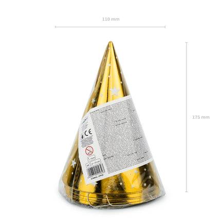 Šventinės kepuraitės "Žvaigždutės", auksinės, 16 cm (6 vnt.)