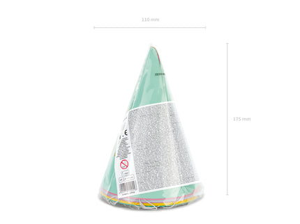Šventinės kepuraitės "Happy Birthday", įvairių spalvų, 16 cm (6 vnt.)