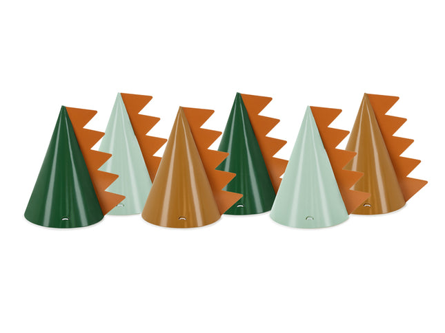 Šventinės kepuraitės tema "Dinozaurai" iš popieriaus, įvairių spalvų, aukštis apie 14 cm, skersmuo apie 11 cm. (6 vnt.). DIY produktas - lengvai pasidaryk pats.