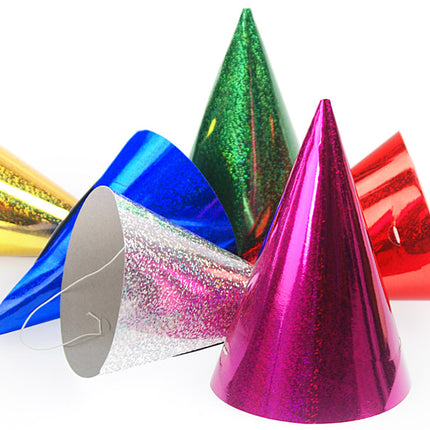 Popierinės šventinės kepuraitės, holografinės spalvotos, 16 cm (20 vnt.)