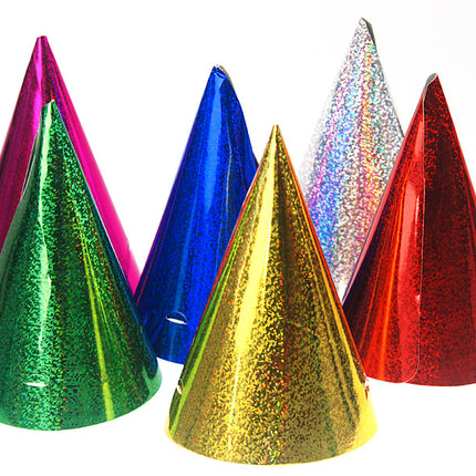 Popierinės šventinės kepuraitės, holografinės spalvotos, 16 cm (20 vnt.)