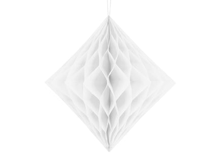 Popierinė dekoracija - deimanto formos, korio tipo, baltos spalvos, aukštis apie 30 cm.
