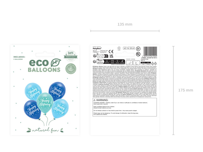 "Eco" balionai 26 cm, "Happy Birthday", mėlynos spalvos (5 vnt.)