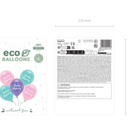 "Eco" balionai 26 cm, "Happy Birthday", rožinės spalvos (5 vnt.)