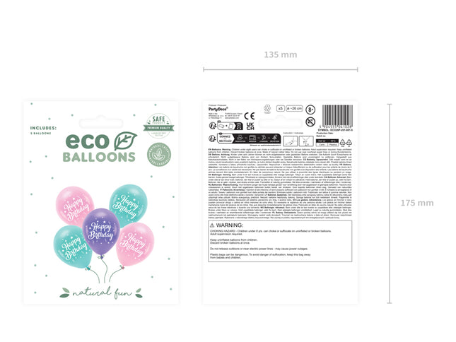 "Eco" balionai 26 cm, "Happy Birthday", rožinės spalvos (5 vnt.)