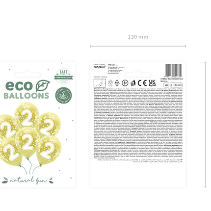 Metalinio atspindžio "Eco" balionai 33 cm, skaičius ''2'', šviesiai auksiniai (6 vnt.)