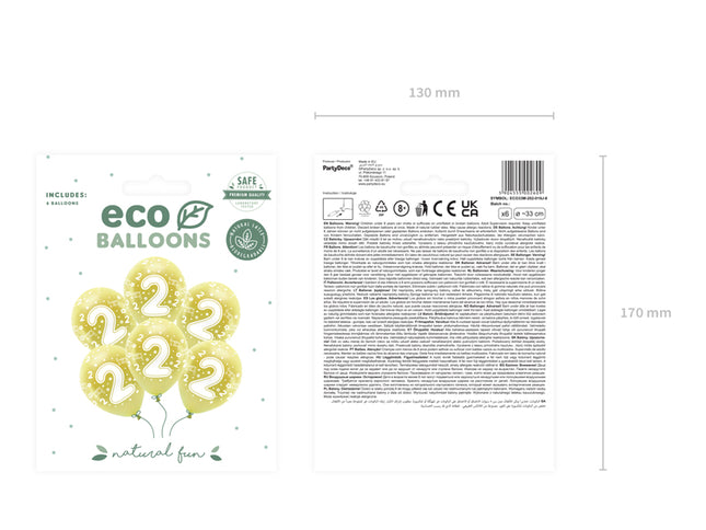 Metalinio atspindžio "Eco" balionai 33 cm, skaičius ''2'', šviesiai auksiniai (6 vnt.)