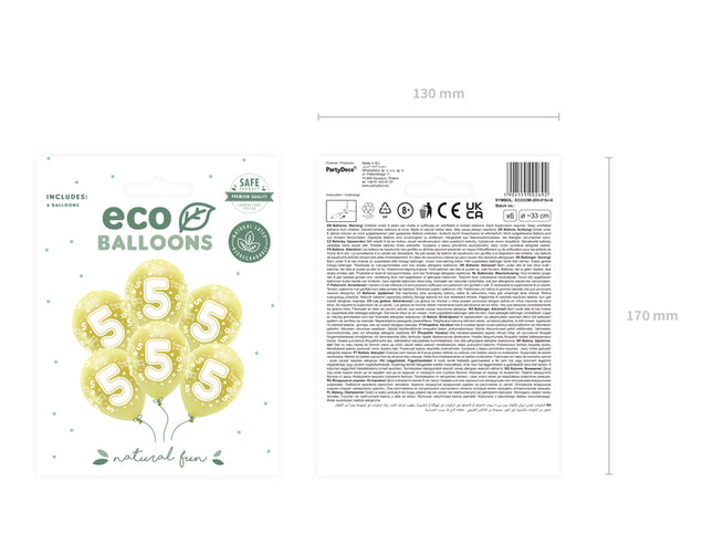 Metalinio atspindžio "Eco" balionai 33 cm, skaičius "5", šviesiai auksiniai (6 vnt.)