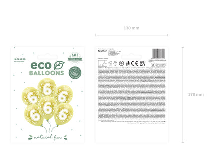 Metalinio atspindžio "Eco" balionai 33 cm, skaičius "6", šviesiai auksiniai (6 vnt.)