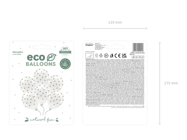 Pasteliniai "Eco" balionai 33 cm, žvaigždės, balti (6 vnt.)