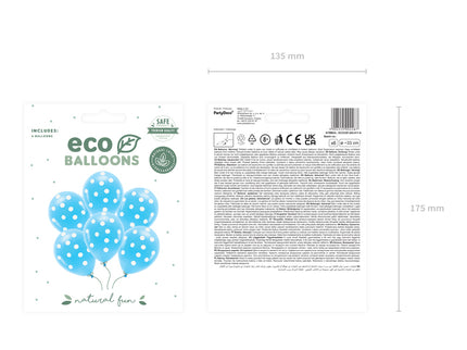Pasteliniai "Eco" balionai 33 cm, taškeliai, mėlyni (6 vnt.)