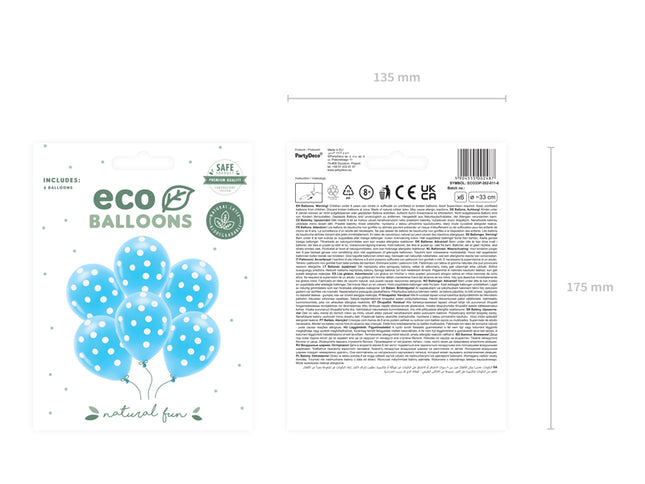 Pasteliniai "Eco" balionai 33 cm, taškeliai, mėlyni (6 vnt.)