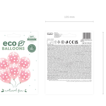 Pasteliniai "Eco" balionai 33 cm, taškeliai, šviesiai rožiniai (6 vnt.)