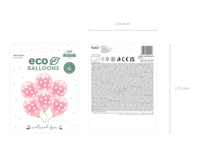 Pasteliniai "Eco" balionai 33 cm, taškeliai, šviesiai rožiniai (6 vnt.)