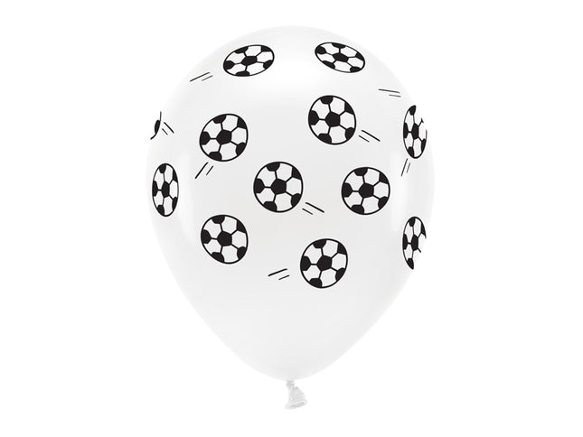 Lateksiniai ekologiški balionai „Futbolas“. Baltos spalvos, dydis apie 33 cm. Penkių pusių juoda spauda. Rinkinyje 6 vnt. balionų.