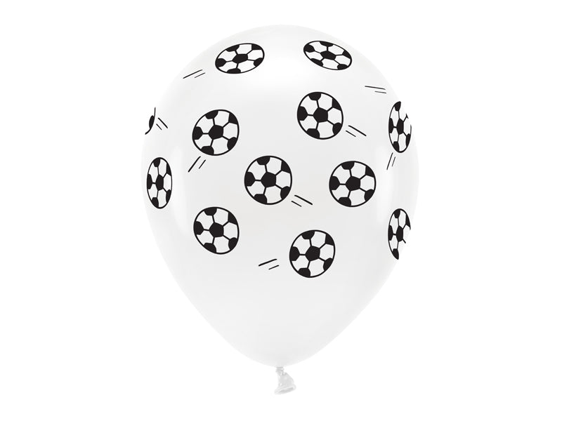 Lateksiniai ekologiški balionai „Futbolas“. Baltos spalvos, dydis apie 33 cm. Penkių pusių juoda spauda. Rinkinyje 6 vnt. balionų.