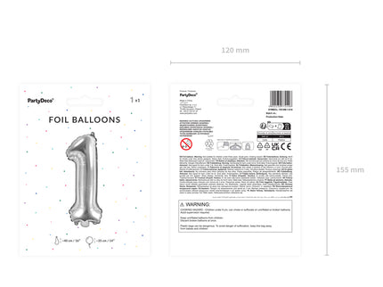 Folinis balionas "1", 35 cm, sidabrinis