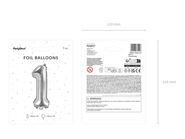 Folinis balionas "1", 35 cm, sidabrinis