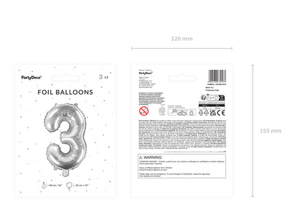 Folinis balionas "3", 35 cm, sidabrinis