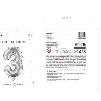 Folinis balionas "3", 35 cm, sidabrinis