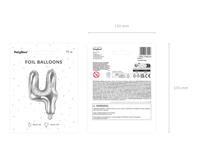 Folinis balionas "4", 35 cm, sidabro spalvos