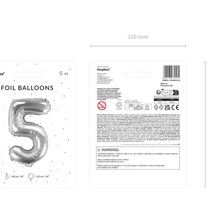 Folinis balionas "5", 35 cm, sidabrinis